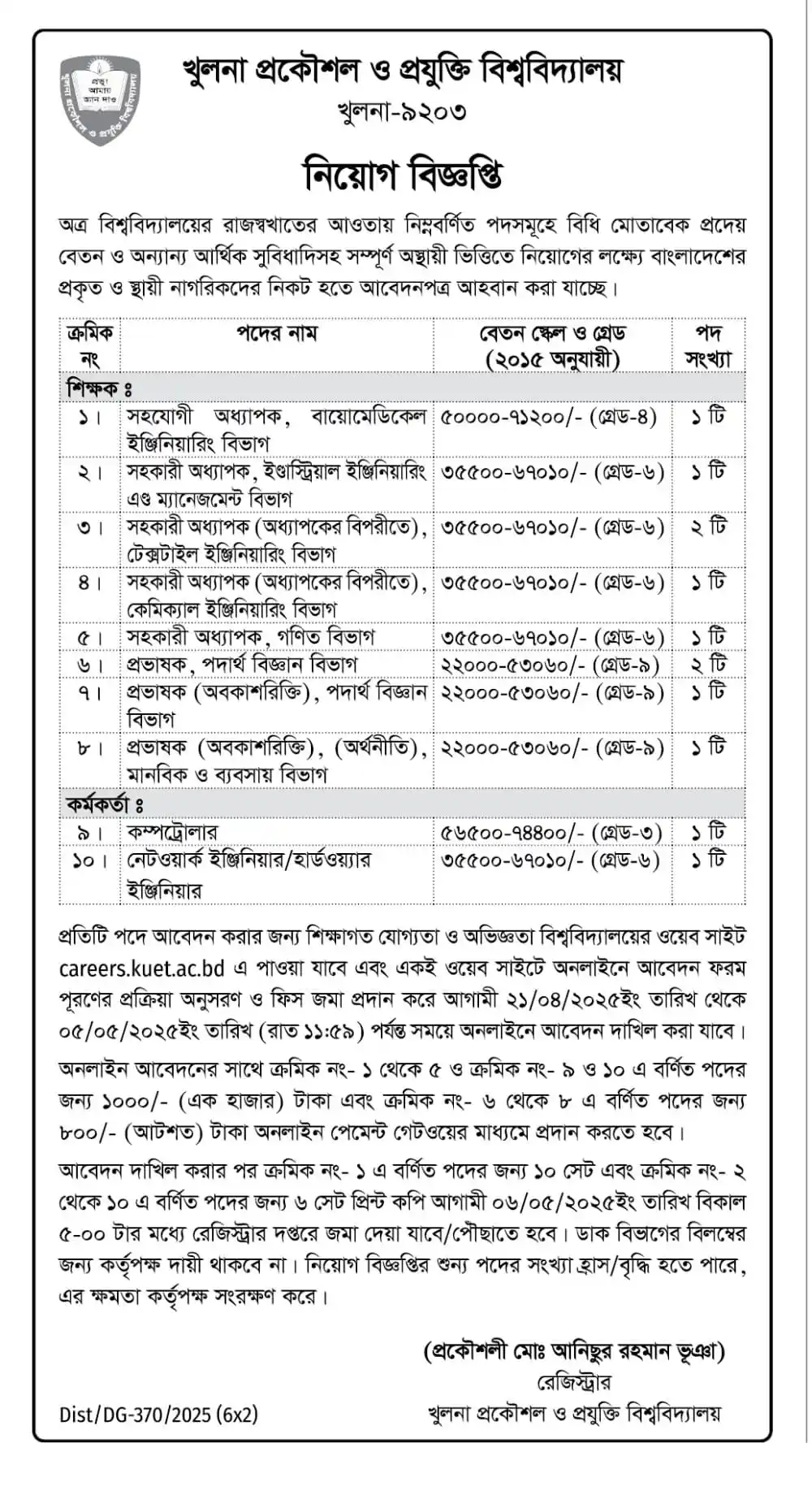খুলনা প্রকৌশল ও প্রযুক্তি বিশ্ববিদ্যালয় কুয়েট চাকরির বিজ্ঞপ্তি ২০২৫